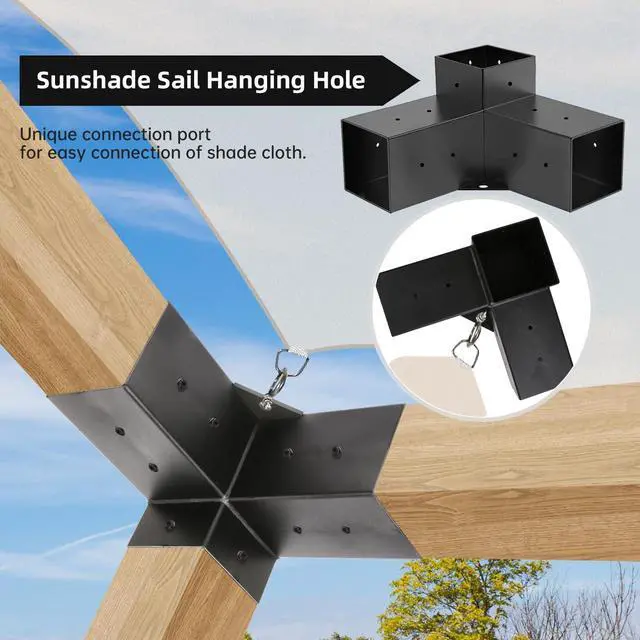 Alt view image 6 of 7 - Pergola Kit, Pergola Brackets 3-Way Right Angle Corner Bracket Woodworks DIY Post Base Kit, Wooden Beams for Gazebos Patio Pergolas Log Cabin