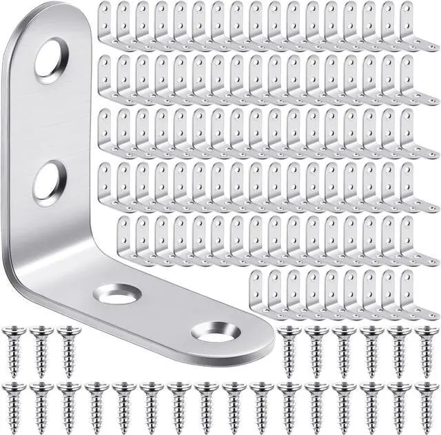 Main image of 100 Pcs L Shaped Bracket Corner Brace Stainless Steel 90 Degree Corner Brace Heavy Duty Right Angle Bracket for Wood Furniture Chair Drawer Cabinet with Screws (1.57 x 1.57 Inch)