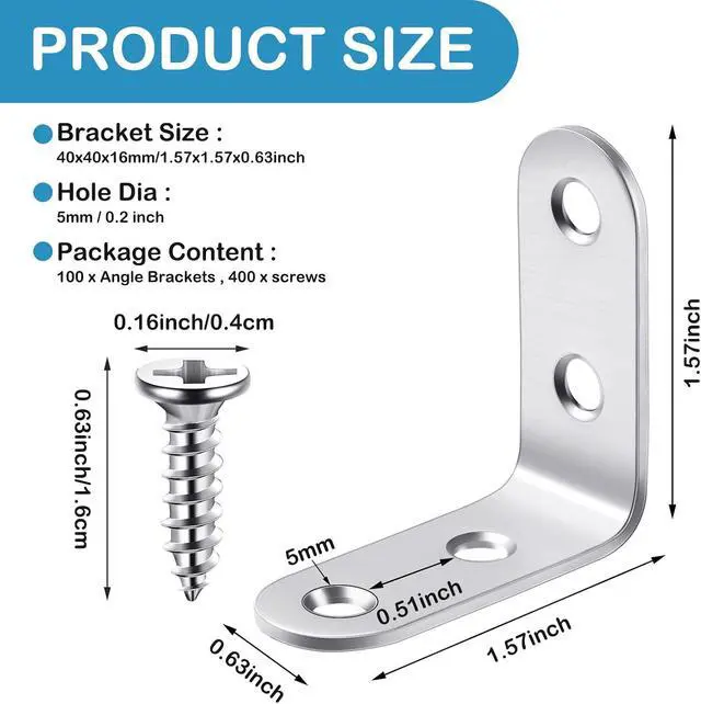 Alt view image 2 of 7 - 100 Pcs L Shaped Bracket Corner Brace Stainless Steel 90 Degree Corner Brace Heavy Duty Right Angle Bracket for Wood Furniture Chair Drawer Cabinet with Screws (1.57 x 1.57 Inch)