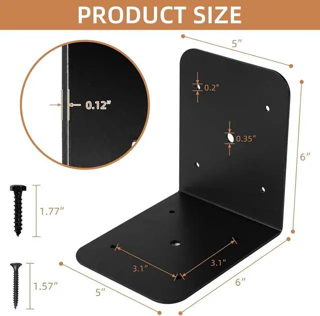 Alt view image 3 of 7 - 4 Pack 5" Black Corner Brackets Support, 6" x 6" x 5" Heavy Duty L Right Angle Bracket Corner Brace for Timber Wood Furniture Connector