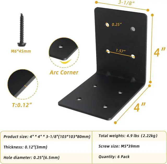 Alt view image 4 of 7 - 12-Pack 4"x4"x3-1/8 Heavy Duty Steel Corner Bracket, L Right Angle Bracket, Thickness 0.11"(3mm), Metal Corner Brace for Metal Joint Timber Connector Shelves Wood Furniture Support, with 96 Screws