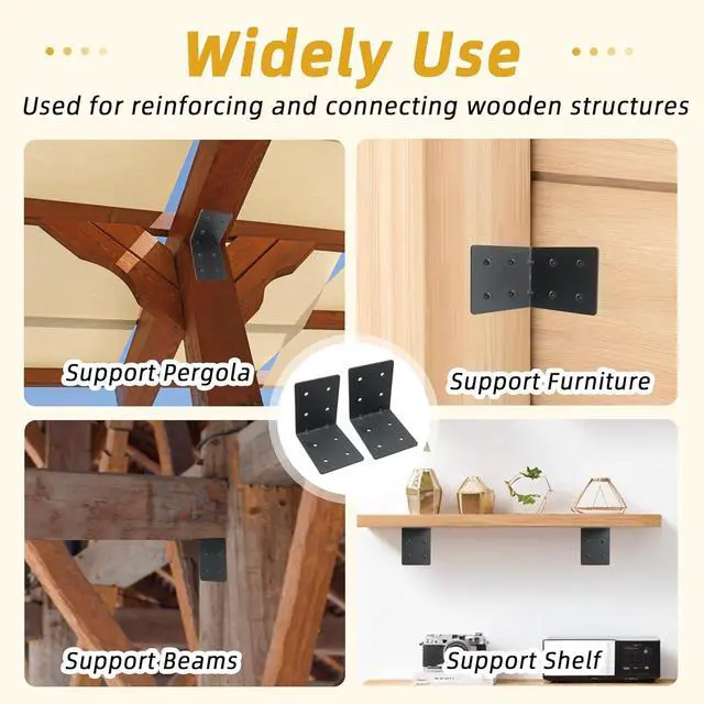 Alt view image 2 of 7 - 12-Pack 4"x4"x3-1/8 Heavy Duty Steel Corner Bracket, L Right Angle Bracket, Thickness 0.11"(3mm), Metal Corner Brace for Metal Joint Timber Connector Shelves Wood Furniture Support, with 96 Screws
