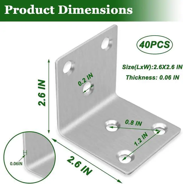 Alt view image 2 of 6 - 40PCS L Brackets 2.6X1.89X0.08IN 304 Stainless Steel Corner Braces