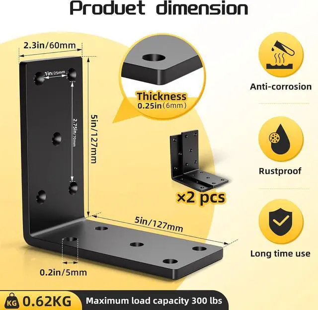 Alt view image 2 of 7 - 4 Pcs 5" X 5" Heavy Duty L Brackets for Wood,Fence Pergola Brackets,90 Degree Corner Bracket,Countertop Support Bracket,5x5 Post to Beam Connector,Thickness 1/4"(6mm)