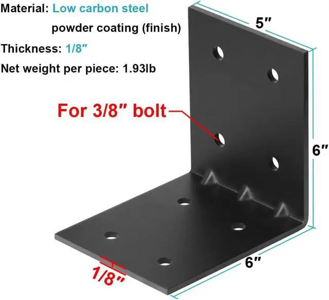 Alt view image 2 of 4 - 4 PCS Black L Angle Bracket for Wood, Heavy Duty Coner Brace, 6"x 6" x 5"