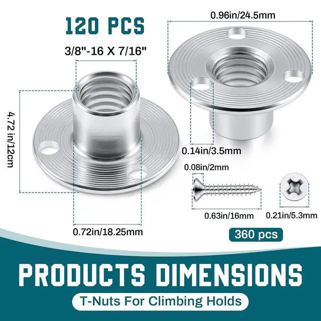 Alt view image 2 of 7 - 3/8-16 x 7/16" 120 Pcs T-Nuts with 360 Pcs Screws for Climbing Brad Hole Tee Nut Corrosion Resistant Heavy Duty Flange Female Thread Insert Nuts for Wood Rock Climbing Holds Furniture