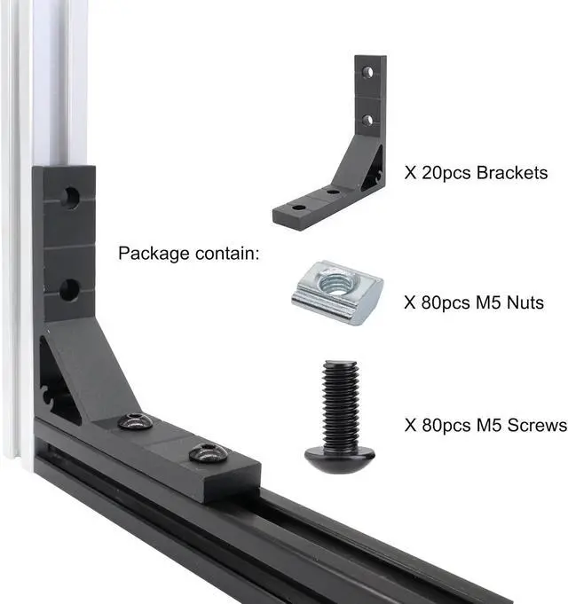Alt view image 2 of 6 - 20 Set 78x78mm 2020 Aluminum Extrusion T Slot Corner Bracket 20 Series Extruded Hardware 90 Degree Right Angle Connector with M5 Bolts Nuts for 20/20 80 20 2040 T V Slot Black Aluminum Profile