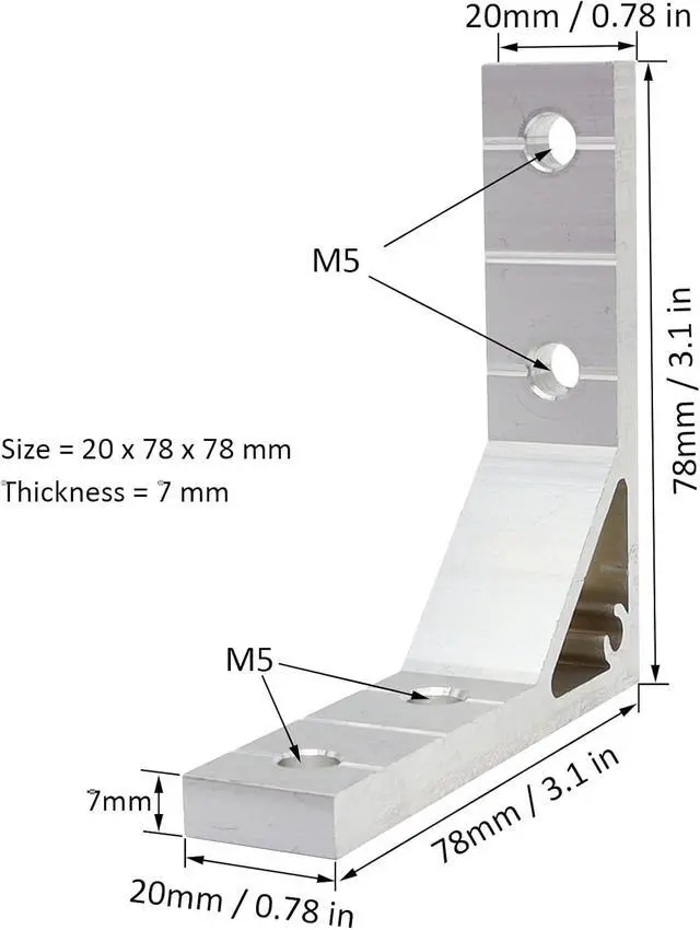 Alt view image 2 of 6 - 20 Set 78x78mm 2020 Aluminum Extrusion T Slot Corner Bracket 20 Series Extruded Hardware 90 Degree Right Angle Connector with M5 Bolts Nuts for 20/20 80 20 2040 T V Slot Aluminum Profile