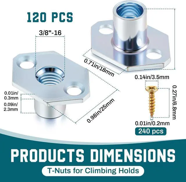 Alt view image 3 of 6 - 120 Pack 3/8"-16 Screw-in T-Nuts for Climbing Holds with 240 Screws, Industrial 2-Hole Tee Nuts for Climbing Wall, Removable & Reusable Zinc-Plated Steel T Nuts for 3/4" Plywood or Thicker
