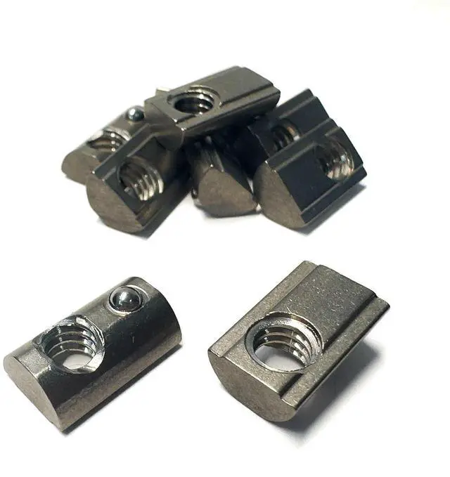 Main image of 10 Series 1/4"-20 Stainless Steel Self Aligning Roll-in T-Nuts with Ball Spring (25-Pack) 8020-Compatible T Slot Hardware for Aluminum Extrusion