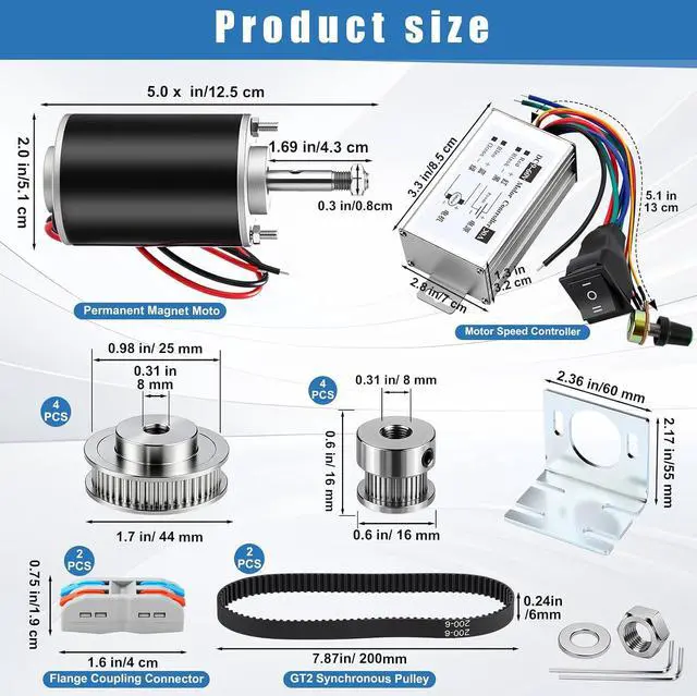 Alt view image 2 of 7 - 12V-24V DC Geared Motor Kit (3500-7000 RPM High Speed), Permanent Magnet Motor with Speed Controller, GT2 Synchronous Pulleys and Timing Belt Set for DIY Projects(with Screw Thread)