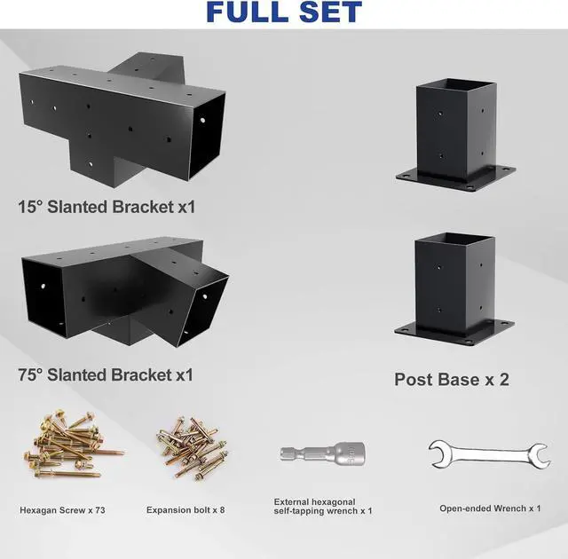 Alt view image 5 of 7 - Pergola Kit, Slanted Roof Pergola Bracket, 4-Way Brackets with Post Base Kit, Log Cabin Outdoor 4"x 4" (Actual 3.5" X 3.5") Lumber