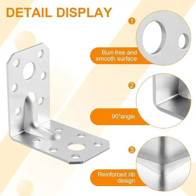 Alt view image 3 of 7 - 100PCS Shelf Brackets 2 inch L Brackets for Shelves Heavy Duty Stainless Steel Corner Brackets for Wood Right Angle Bracket 52x52mm Hardware Brackets for Wood Framing Furniture Reinforcement
