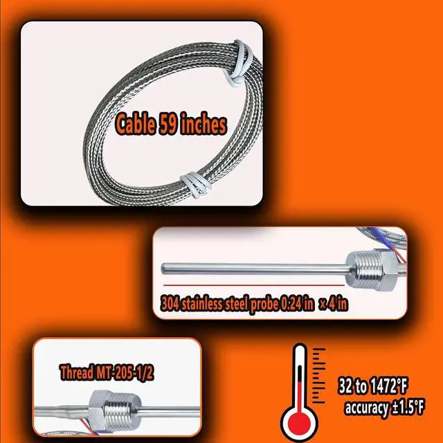 Alt view image 4 of 6 - 1/2 Inch NPT Thread K-Type Thermocouple Probe 4 Inch Long 0.24 Inch