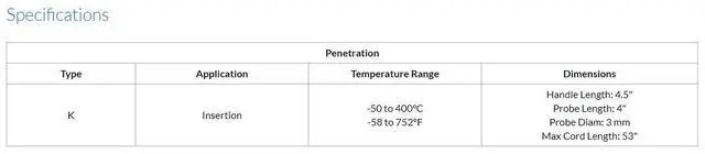 Alt view image 4 of 4 - Type K Penetration Thermometer Probe 800065 - High-Temperature Range -50°C to +400°C, Durable 4" Stainless Steel Probe with 53" Cord - 2 pc