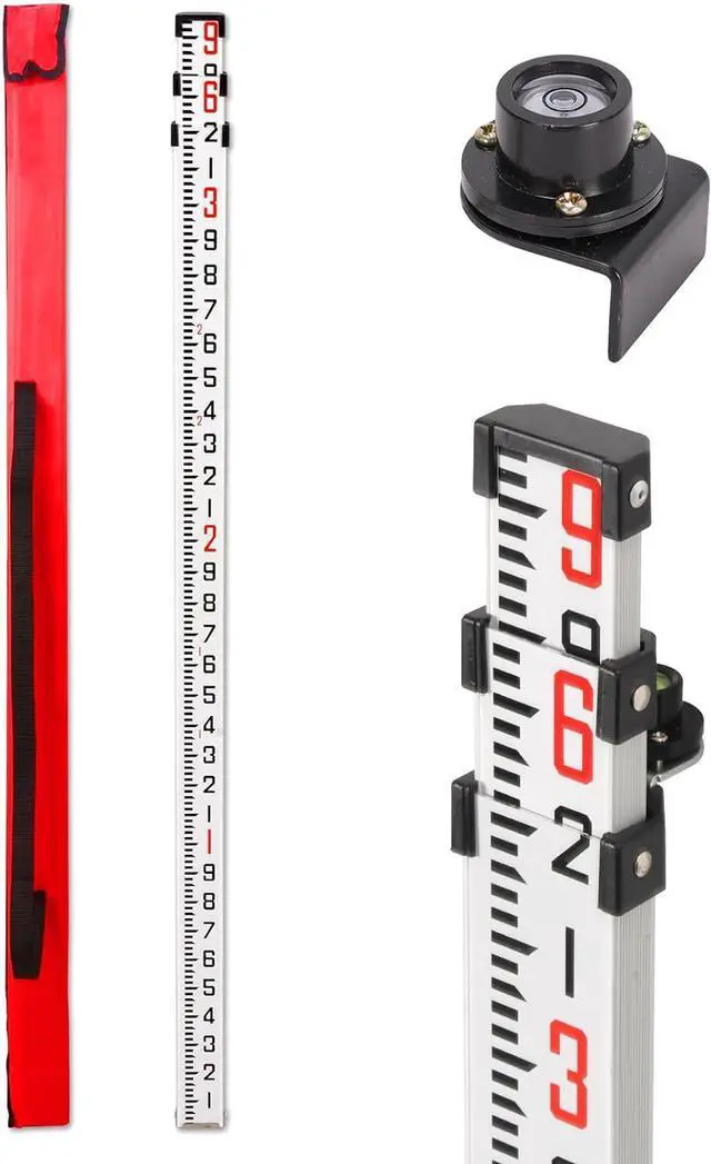 Main image of 9-Foot Aluminum Grade Rod - 10ths Double-Sided Scale, 3-Section Telescopic Leveling Rod with Bubble Level & Carrying Case for Surveying, Laser Alignment, Walls, Floors