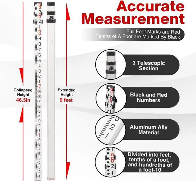Alt view image 2 of 7 - 9-Foot Aluminum Grade Rod - 10ths Double-Sided Scale, 3-Section Telescopic Leveling Rod with Bubble Level & Carrying Case for Surveying, Laser Alignment, Walls, Floors