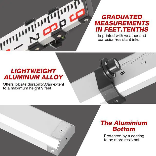 Alt view image 3 of 7 - 9-Foot Aluminum Grade Rod - 10ths Double-Sided Scale, 3-Section Telescopic Leveling Rod with Bubble Level & Carrying Case for Surveying, Laser Alignment, Walls, Floors