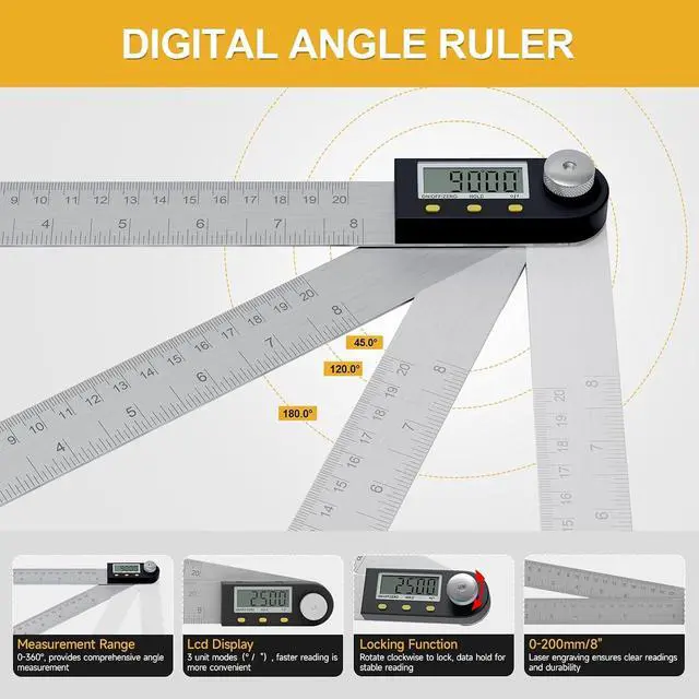 Alt view image 2 of 7 - 200 mm/8inch Digital Display Angle Ruler, Digital Angle Finder with Electronic Laser(Laser Output Power: 1 mW, Laser Class: I) and Digital Depth Gauge, for Woodworking, Home Renovation