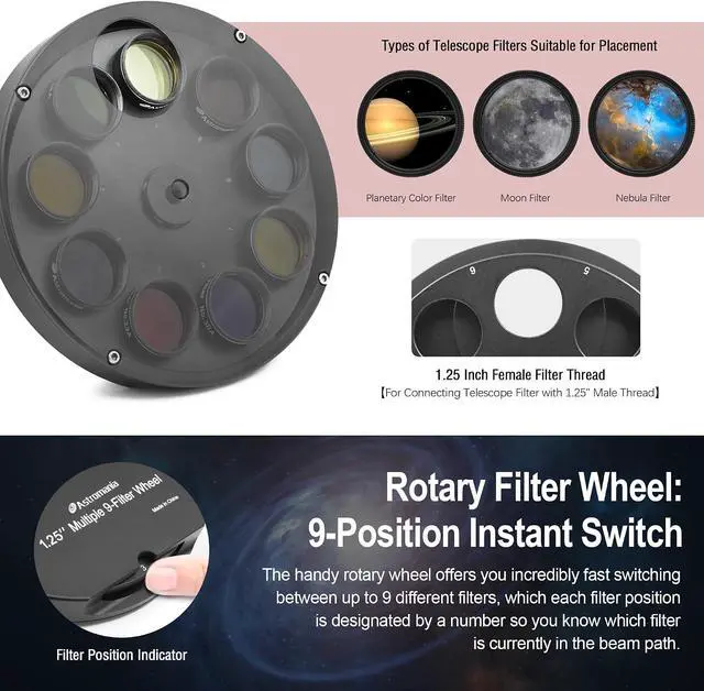 Alt view image 3 of 7 - 9-Position Filter Wheel Compatible for Telescope Filter 1.25inch