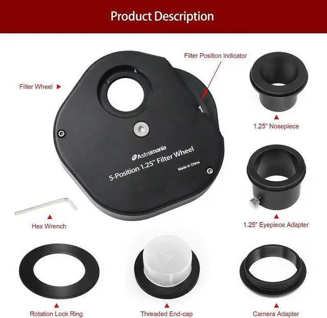 Alt view image 2 of 7 - 5-Position Filter Wheel Compatible for Telescope Filter 1.25inch
