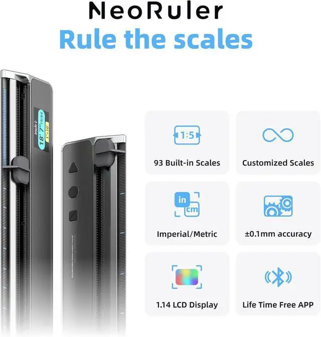 Alt view image 3 of 6 - NeoRuler Digital Scale Ruler, 12 inch Smart Scale Ruler with Infinite Customized Scales and ±0.004 inch Accuracy, 93 Built-in US Imperial, Metric Scales, Architectural and Engineering