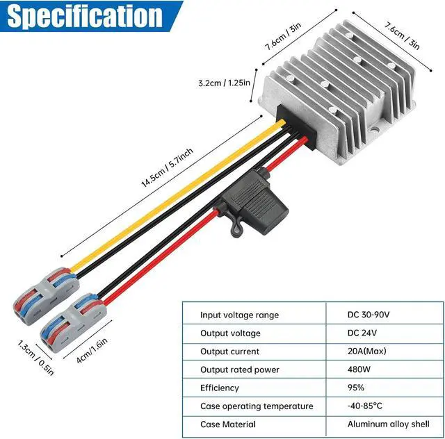 Alt view image 2 of 7 - 30-90V to 24V 20A 480W Waterproof DC-DC Buck Converter with Fuse