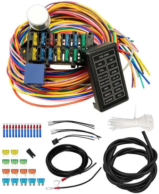 Main image of 14 Circuit Universal Wiring Harness Fit for Street Muscle Car Hot Rod Rat XL Chevy Ford Chrysler Mopar, Comes with 24-pcs 12V Fused Copper Wire Harness Cable Set