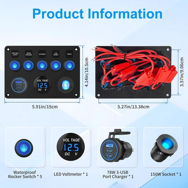 Alt view image 5 of 7 - Pre-Wired 5-Gang 12V 24V Rocker Switch Panel Waterproof Aluminum with 78W Triple USB Car Charger, LED Digital Voltmeter & Cigarette Lighter Socket for Car Boat Truck RV UTV, 15A Fuses