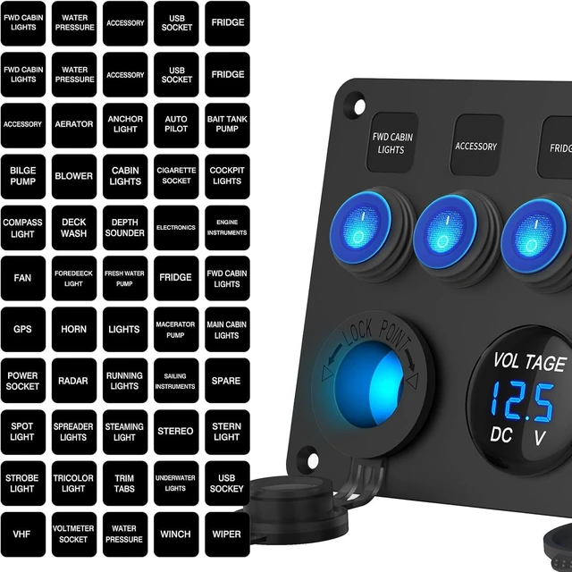 Alt view image 7 of 7 - Pre-Wired 5-Gang 12V 24V Rocker Switch Panel Waterproof Aluminum with 78W Triple USB Car Charger, LED Digital Voltmeter & Cigarette Lighter Socket for Car Boat Truck RV UTV, 15A Fuses