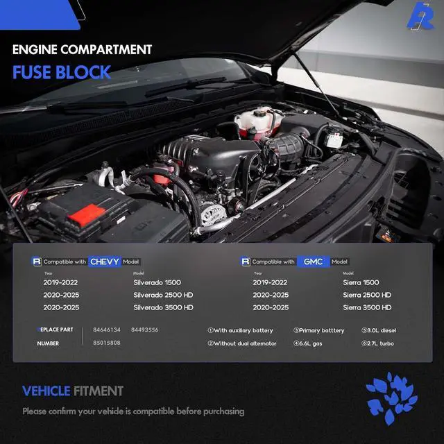 Alt view image 2 of 7 - Battery Distribution Engine Compartment Fuse Block - Fit for Chevy Silverado 1500 2500 HD 3500 HD, for GMC Sierra 1500 2500 HD 3500 HD 2019-2025 - Replaces# 85015808, 84646134, 84493556