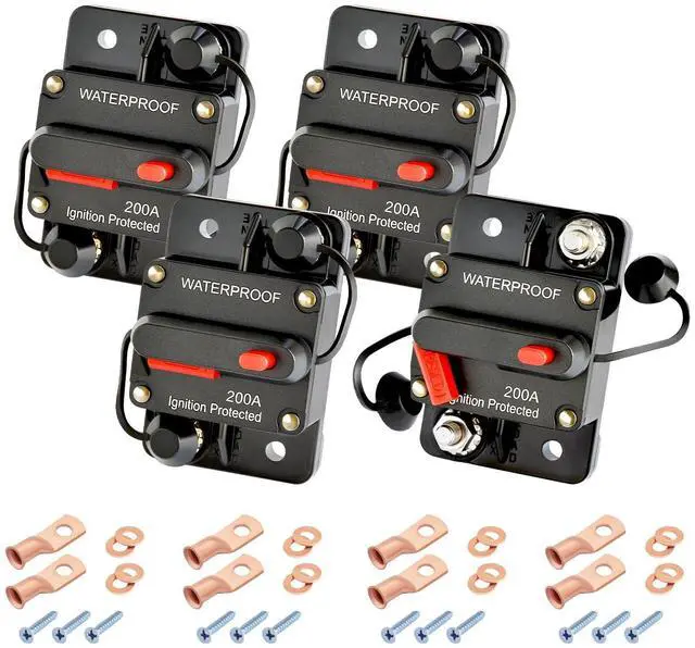 Main image of 200Amp Circuit Breaker DC 12V-48V for Marine Boat Trolling Motor Automotive RV Trailer Car Solar System Battery Disconnect with Manual Reset Switch, IP67 Waterproof (Pack of 4)