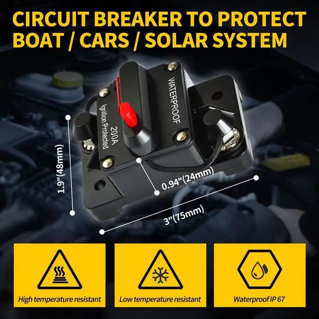 Alt view image 2 of 7 - 200Amp Circuit Breaker DC 12V-48V for Marine Boat Trolling Motor Automotive RV Trailer Car Solar System Battery Disconnect with Manual Reset Switch, IP67 Waterproof (Pack of 4)