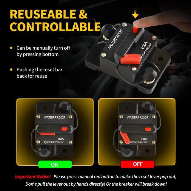 Alt view image 4 of 7 - 200Amp Circuit Breaker DC 12V-48V for Marine Boat Trolling Motor Automotive RV Trailer Car Solar System Battery Disconnect with Manual Reset Switch, IP67 Waterproof (Pack of 4)