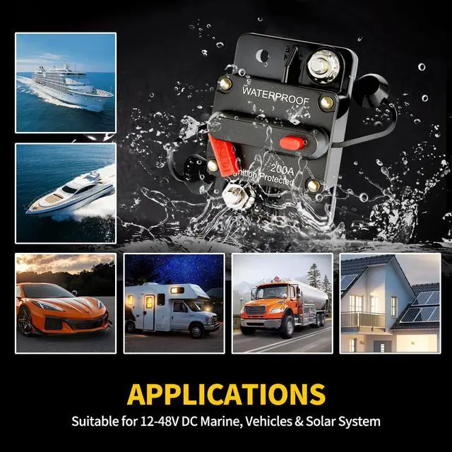 Alt view image 6 of 7 - 200Amp Circuit Breaker DC 12V-48V for Marine Boat Trolling Motor Automotive RV Trailer Car Solar System Battery Disconnect with Manual Reset Switch, IP67 Waterproof (Pack of 4)