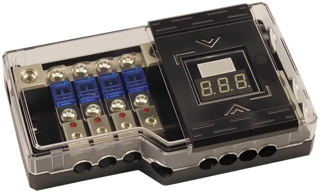 Main image of Power Distribution Block Car Audio 4 Way MIDI Fuse Block, Each Positive and Negative Block with 2X 0/2/4 Gauge Inputs & 4X 4/8 Gauge Outputs,with Digital LED Voltage Display and 4pcs 60A Fuses