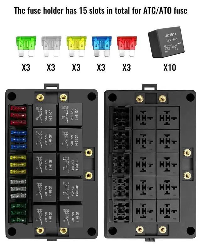 Alt view image 2 of 6 - 12V Fuse Relay Box with 15 Fuse Slots & 10 Relay Slots for 4/5 Pin Relays