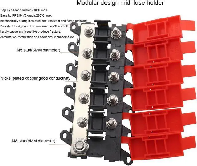 Alt view image 3 of 7 - 5way Fuse Block Midi Holder Automotive Marine Boat Car Audio Brass Fuse Holder Midi Fuses 100A 30A 60A