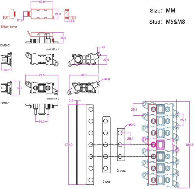 Alt view image 5 of 7 - 5way Fuse Block Midi Holder Automotive Marine Boat Car Audio Brass Fuse Holder Midi Fuses 100A 30A 60A