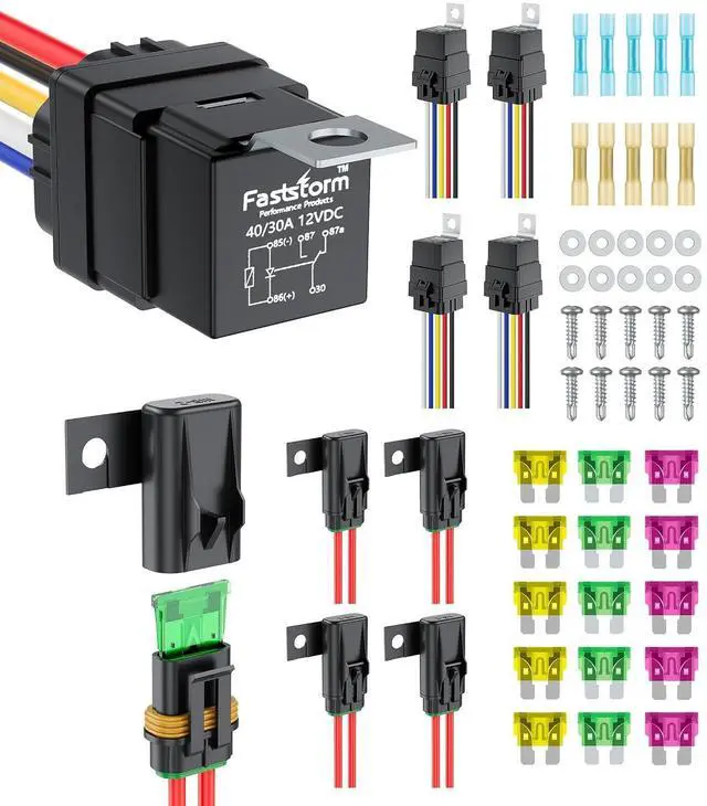 Main image of 5 Pack 5-Pin Waterproof Relay Kit 40/30 AMP 12V Relay Switch with Harness Heavy Duty 12&16 AWG Tinned Copper Wires with 5x20A/30A/40A Inline Fuse SPDT for Automotive Car Marine Boat