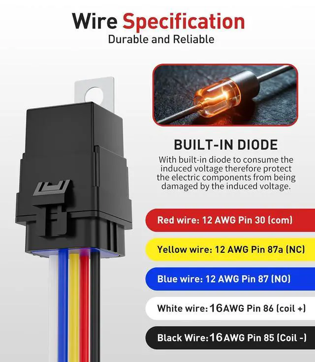 Alt view image 2 of 7 - 5 Pack 5-Pin Waterproof Relay Kit 40/30 AMP 12V Relay Switch with Harness Heavy Duty 12&16 AWG Tinned Copper Wires with 5x20A/30A/40A Inline Fuse SPDT for Automotive Car Marine Boat