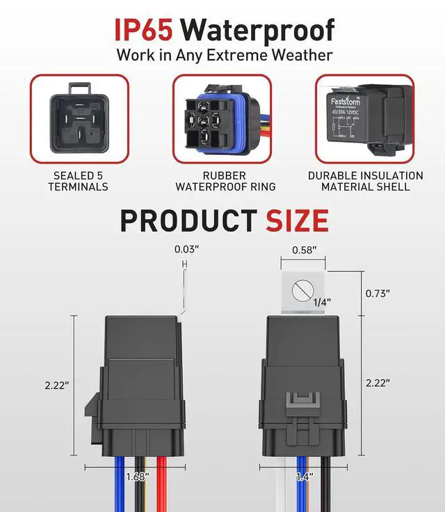 Alt view image 4 of 7 - 5 Pack 5-Pin Waterproof Relay Kit 40/30 AMP 12V Relay Switch with Harness Heavy Duty 12&16 AWG Tinned Copper Wires with 5x20A/30A/40A Inline Fuse SPDT for Automotive Car Marine Boat