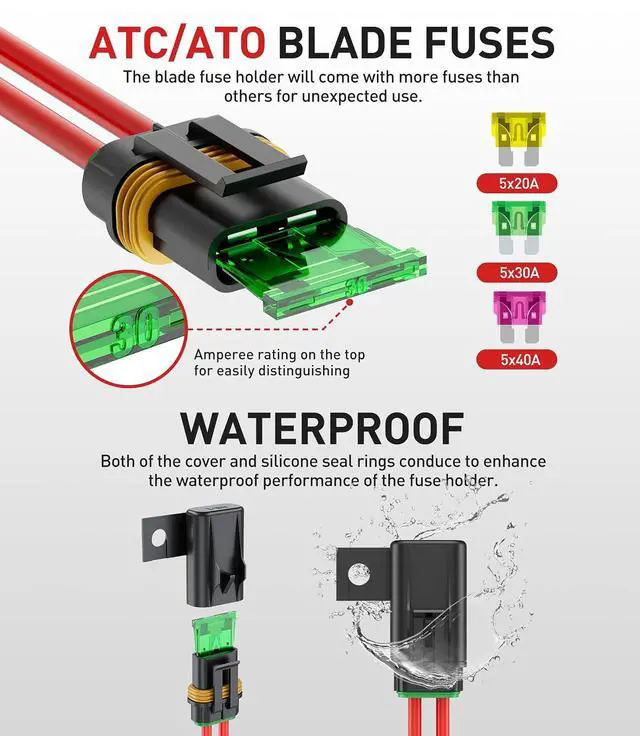 Alt view image 5 of 7 - 5 Pack 5-Pin Waterproof Relay Kit 40/30 AMP 12V Relay Switch with Harness Heavy Duty 12&16 AWG Tinned Copper Wires with 5x20A/30A/40A Inline Fuse SPDT for Automotive Car Marine Boat