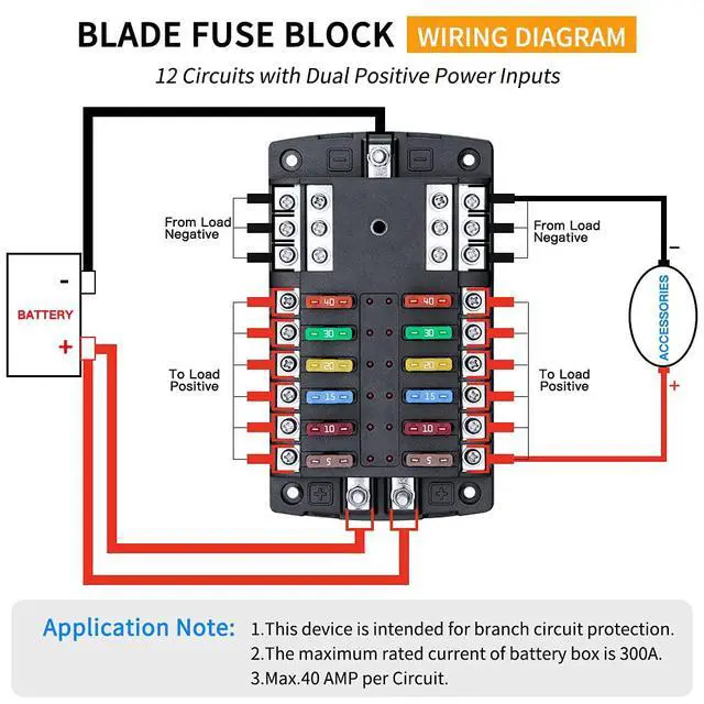 Alt view image 2 of 7 - Upgraded 300A 12 Way Blade Fuse Block Fuse Box with 2 Positive Power Inputs Negative Bus, 12 Circuit Fuse Holder ATC/ATO Fuse Block Panel with LED Indicator for 12V/24V Car Truck Boat Marine