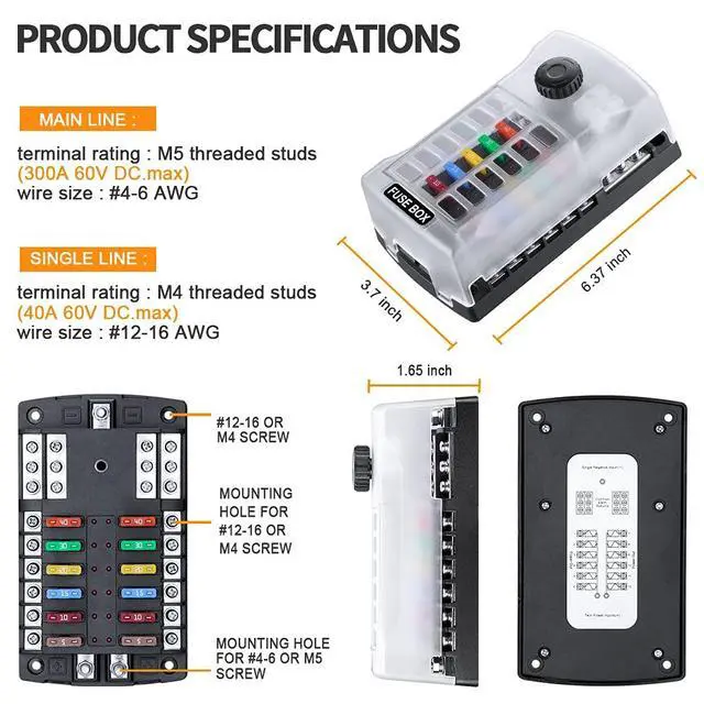 Alt view image 3 of 7 - Upgraded 300A 12 Way Blade Fuse Block Fuse Box with 2 Positive Power Inputs Negative Bus, 12 Circuit Fuse Holder ATC/ATO Fuse Block Panel with LED Indicator for 12V/24V Car Truck Boat Marine