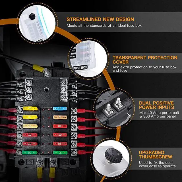 Alt view image 4 of 7 - Upgraded 300A 12 Way Blade Fuse Block Fuse Box with 2 Positive Power Inputs Negative Bus, 12 Circuit Fuse Holder ATC/ATO Fuse Block Panel with LED Indicator for 12V/24V Car Truck Boat Marine