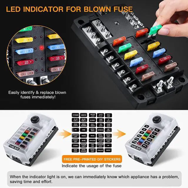 Alt view image 5 of 7 - Upgraded 300A 12 Way Blade Fuse Block Fuse Box with 2 Positive Power Inputs Negative Bus, 12 Circuit Fuse Holder ATC/ATO Fuse Block Panel with LED Indicator for 12V/24V Car Truck Boat Marine