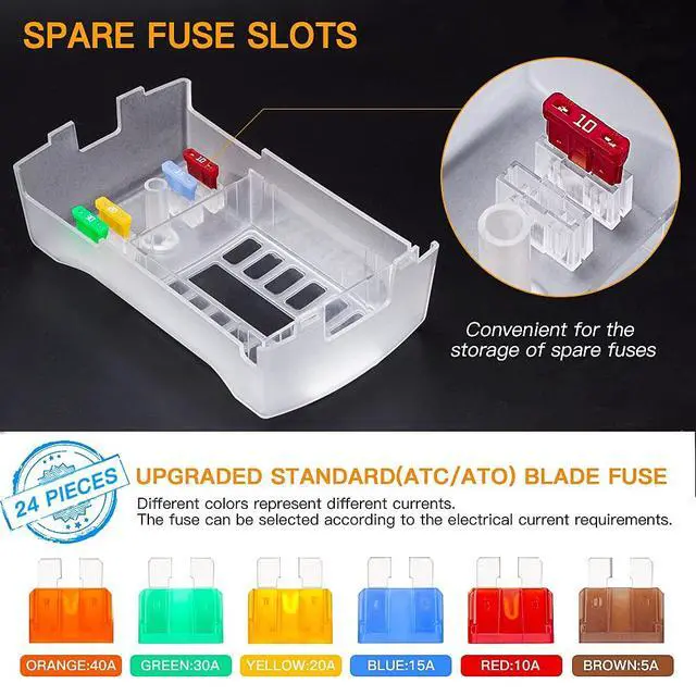 Alt view image 6 of 7 - Upgraded 300A 12 Way Blade Fuse Block Fuse Box with 2 Positive Power Inputs Negative Bus, 12 Circuit Fuse Holder ATC/ATO Fuse Block Panel with LED Indicator for 12V/24V Car Truck Boat Marine