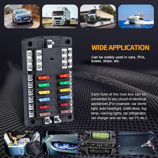 Alt view image 7 of 7 - Upgraded 300A 12 Way Blade Fuse Block Fuse Box with 2 Positive Power Inputs Negative Bus, 12 Circuit Fuse Holder ATC/ATO Fuse Block Panel with LED Indicator for 12V/24V Car Truck Boat Marine