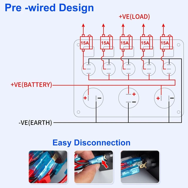 Alt view image 6 of 7 - Pre-Wired 5-Gang 12V 24V Rocker Switch Panel Waterproof Aluminum with 78W Triple USB Car Charger, LED Digital Voltmeter & Cigarette Lighter Socket for Car Boat Truck RV UTV, 15A Fuses